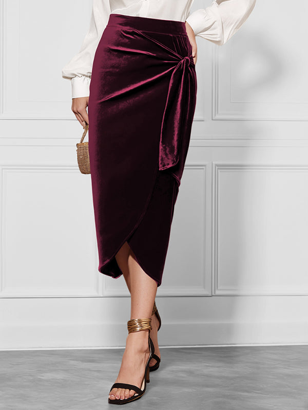 Velvet Wrap Tie-belt Slit Skirt