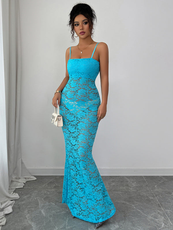 Lace Hollow Suspender Maxi Dress