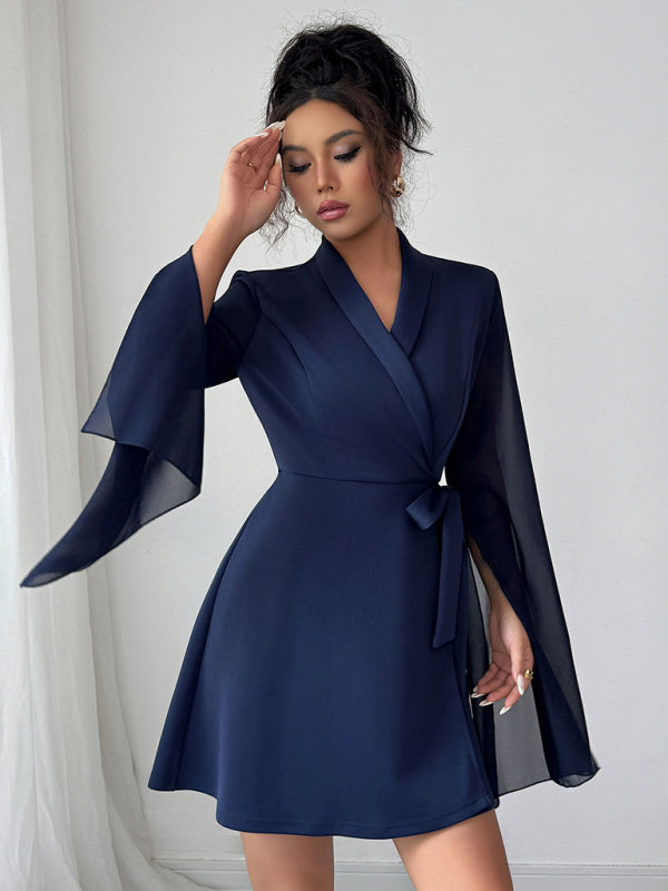 Wrap Tie-belt Flared Long-sleeved Dress