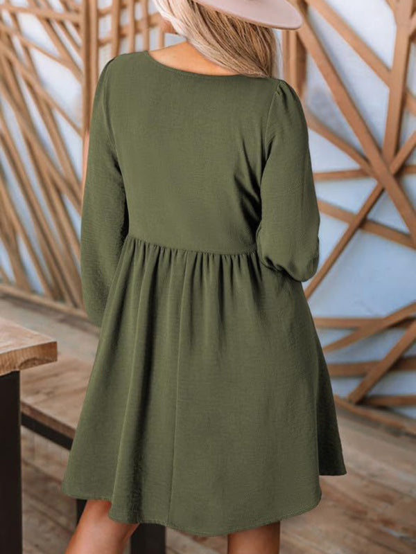Gathered Crew Neck Button-Down High-Waisted Long-sleeve A-Line Mini Dress