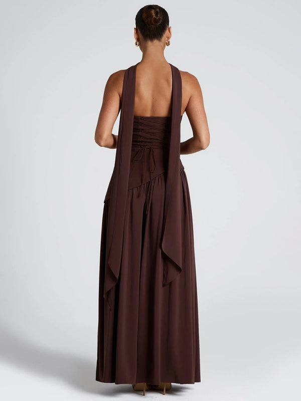 Dark brown Strapless High-slit Backless Dress