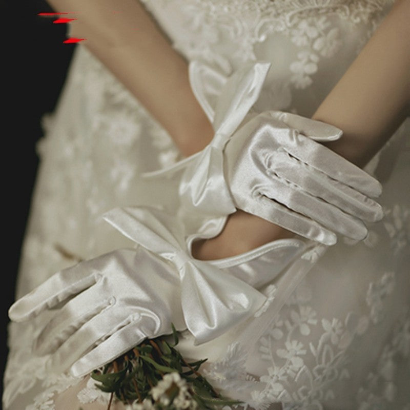 Satin Pearl Lace Bow Short Gloves