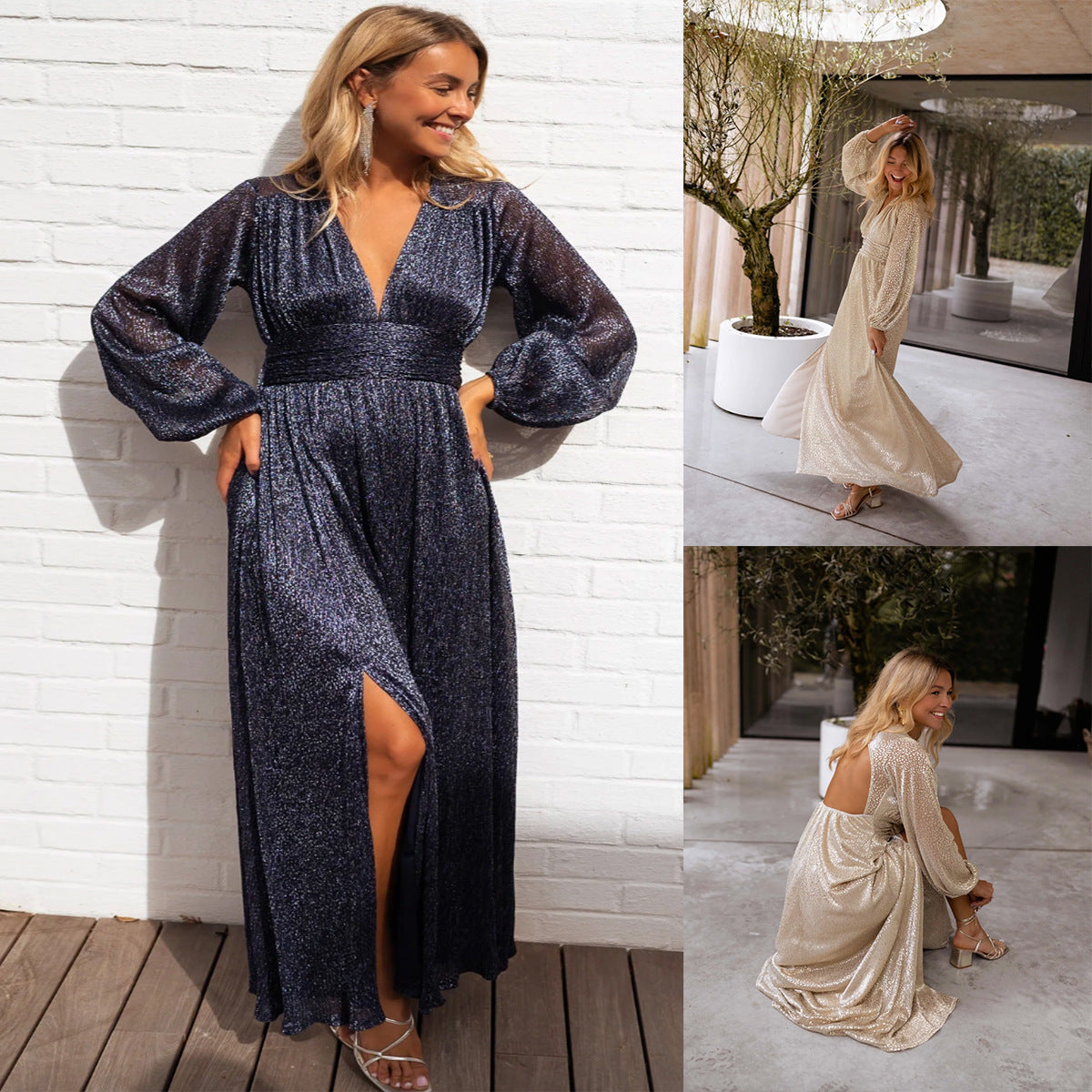 V-neck Sequin Split Long Sleeve Dress