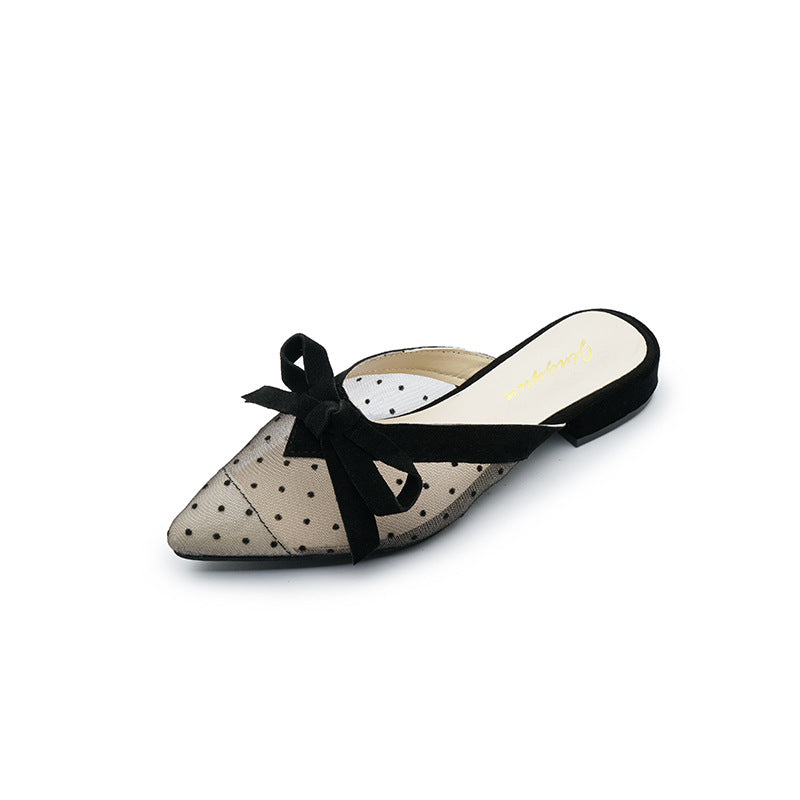 Mesh Polka Dot Bow Pointed Toe Flat Sandals
