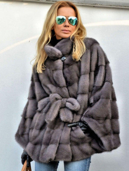 Faux Fur High Collar Belt Cape Jacket