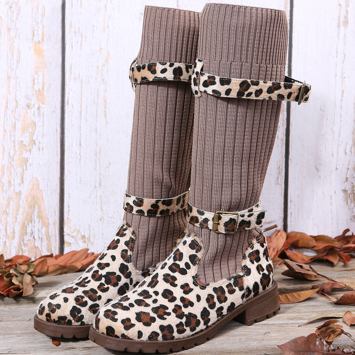 Sock Leather Mid Calf Flat Boots