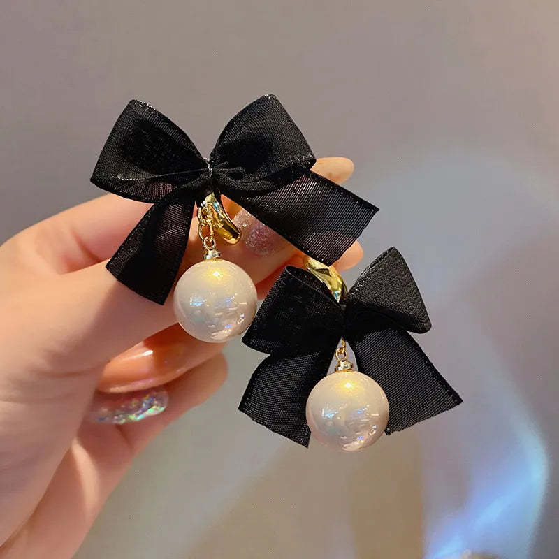 French Black Bow Pearl Drop Earrings