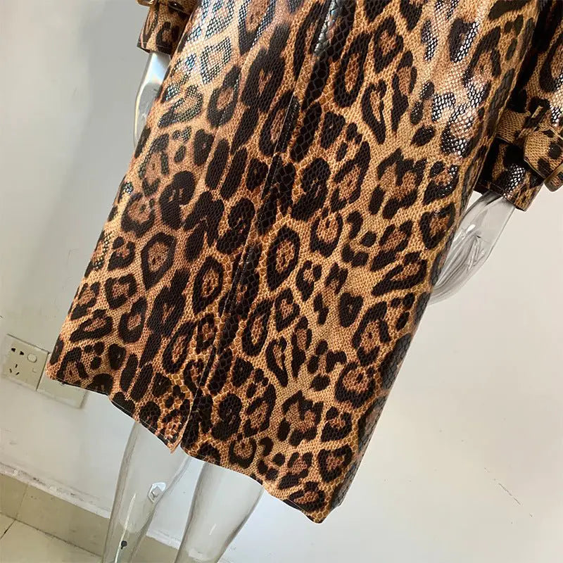 Leopard Print PU Leather Trench Coat