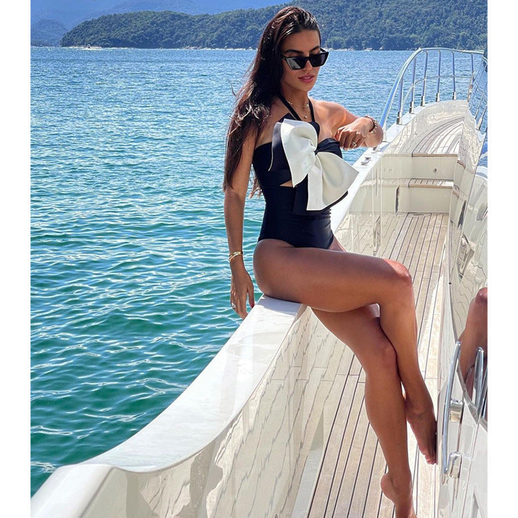 Halter-neck Large Bow Hollow One-piece Swimsuit