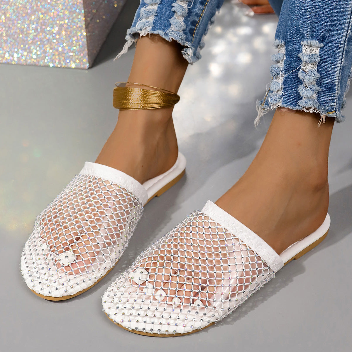 Hollow Rhinestones Flat Sandals