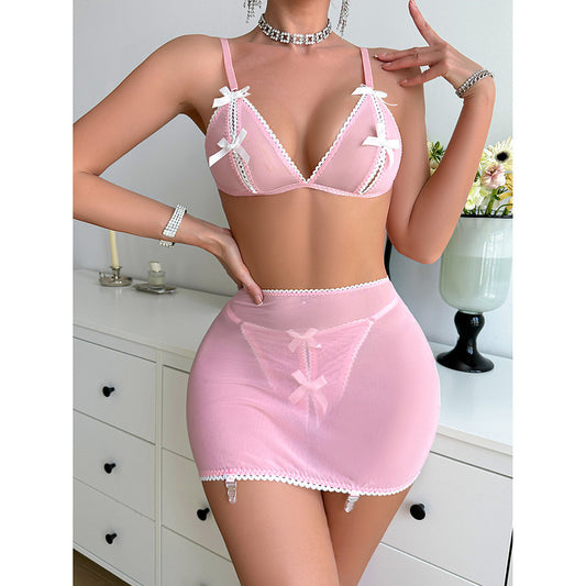 Bow Embroidery Hollow Lingerie Suit