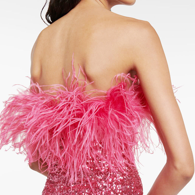 Rose Red Sequin Feather Strapless Dress