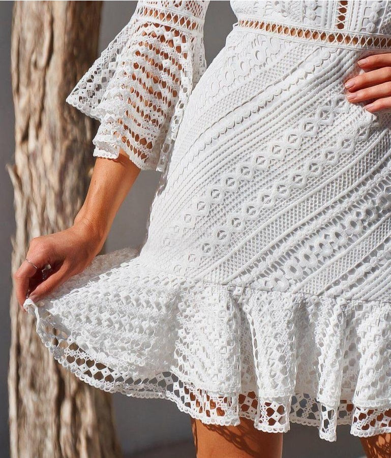 Lace Hollow Ruffle Long-sleeve Dress