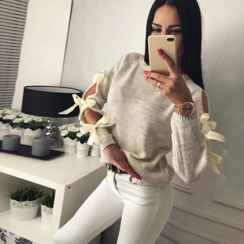 Hollow Bow Long Sleeve Round-neck Sweater