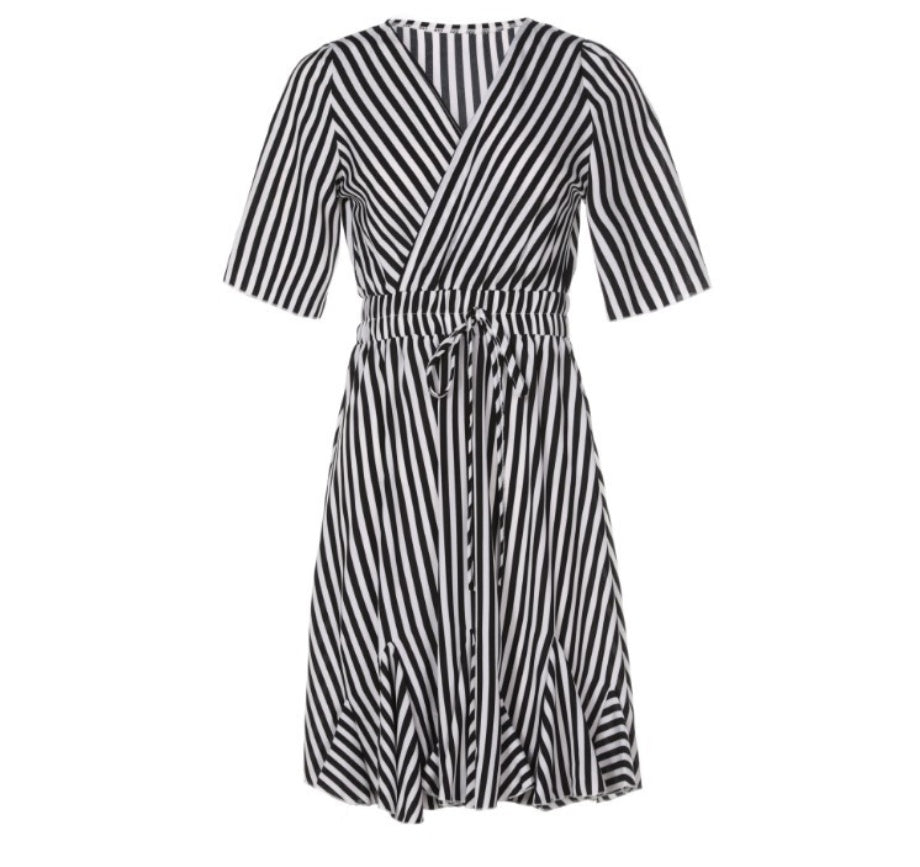 Stripe Ruffle Belted Short-sleeve Dress