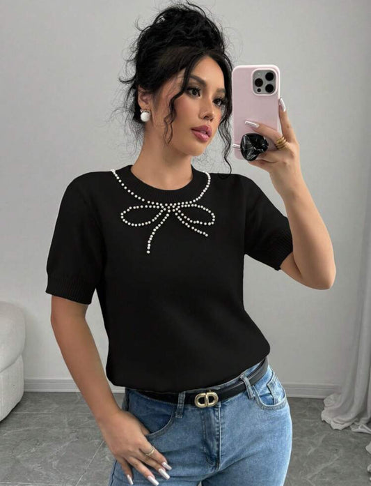 Rhinestone Bow Short Sleeve Slim Top