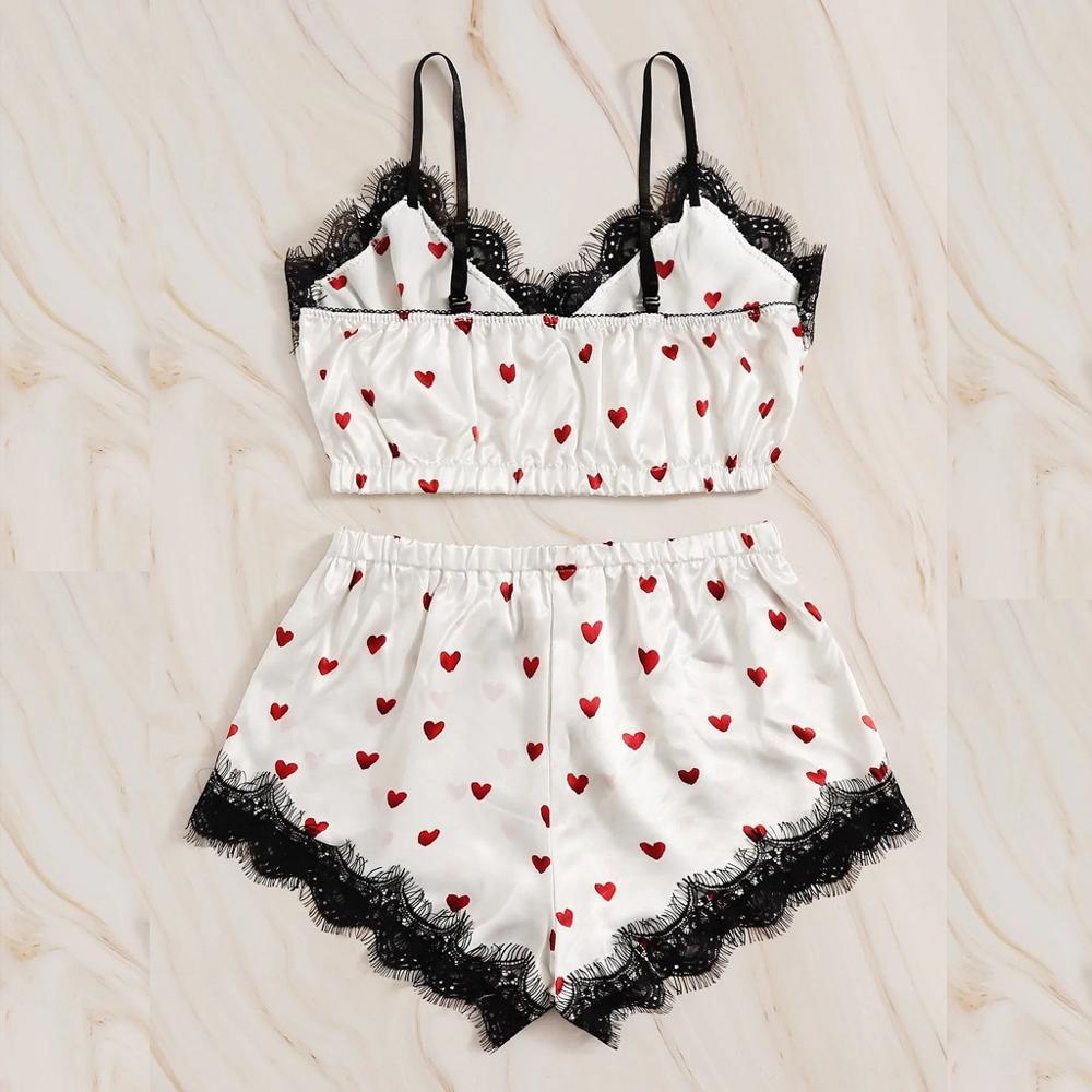 Silk Lace Hearts Print Shorts Pyjamas Two-piece Set