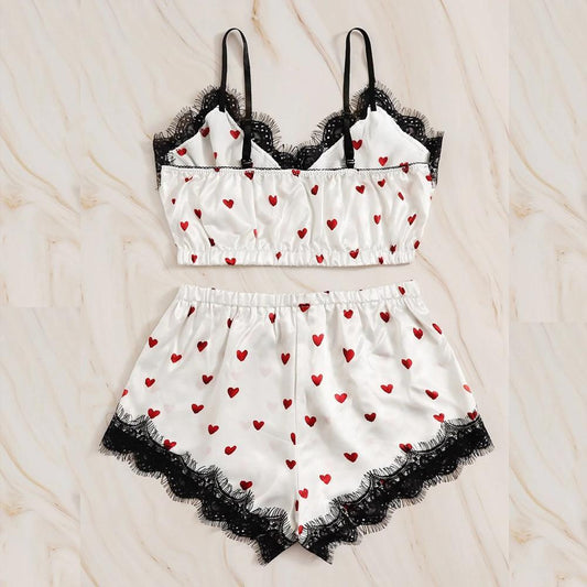 Silk Lace Hearts Print Shorts Pyjamas Two-piece Set