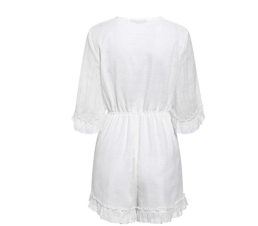 Bow Tie Hollow Lace-trim Shorts Jumpsuit