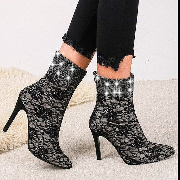 Lace mesh Sequin High Heel Short Boots