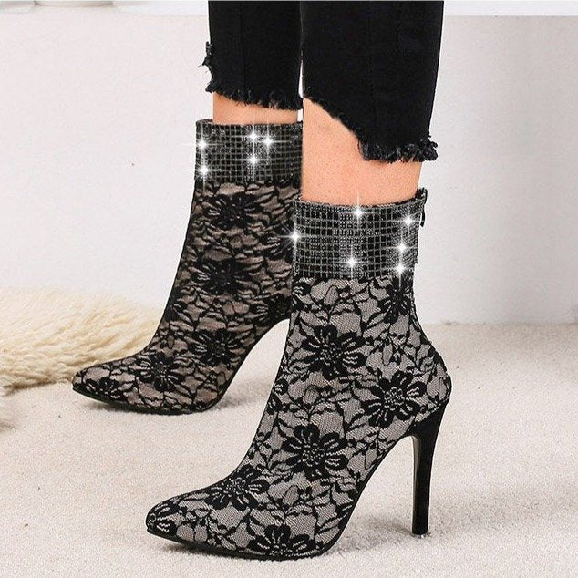 Lace mesh Sequin High Heel Short Boots