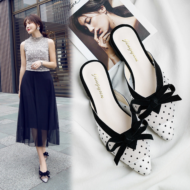 Mesh Polka Dot Bow Pointed Toe Flat Sandals