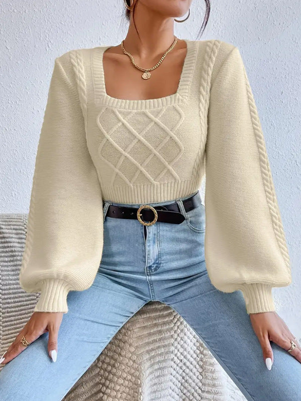 Knit Square Collar Puff Long Sleeve Sweater