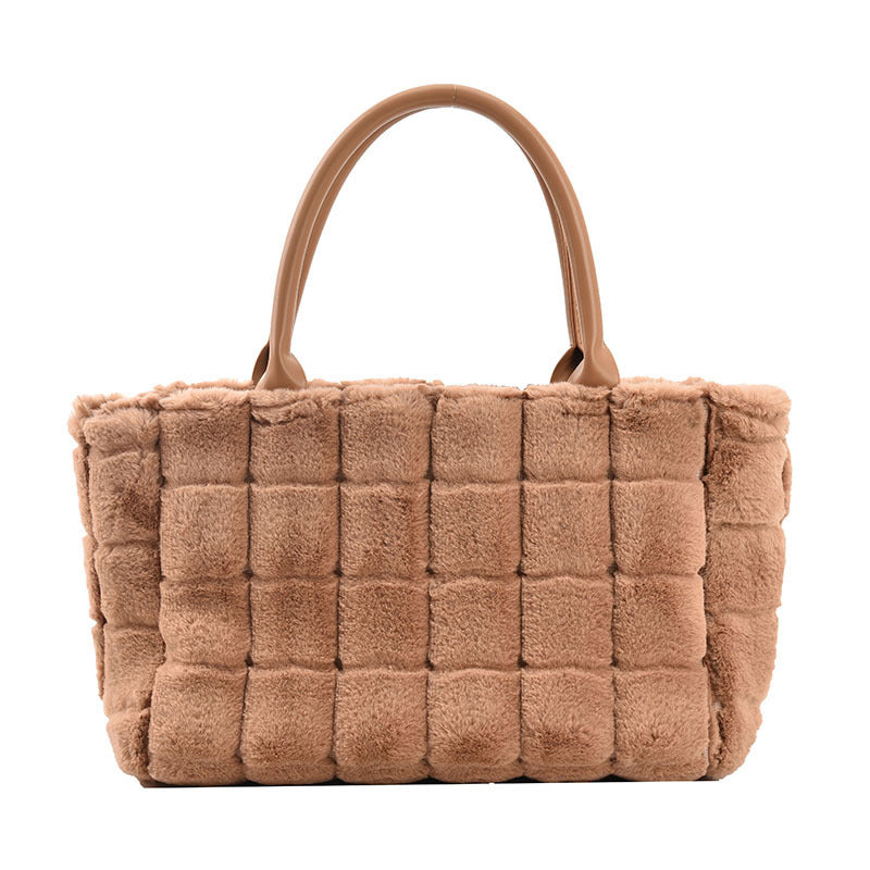 Faux Fur Plaid Leather Bow Plush Square Small Handbag