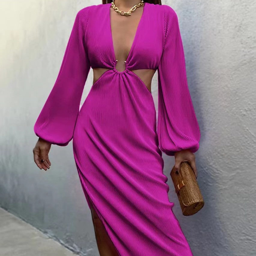 Deep V-Neck Hollow Waist Spilt Long Sleeve Dress