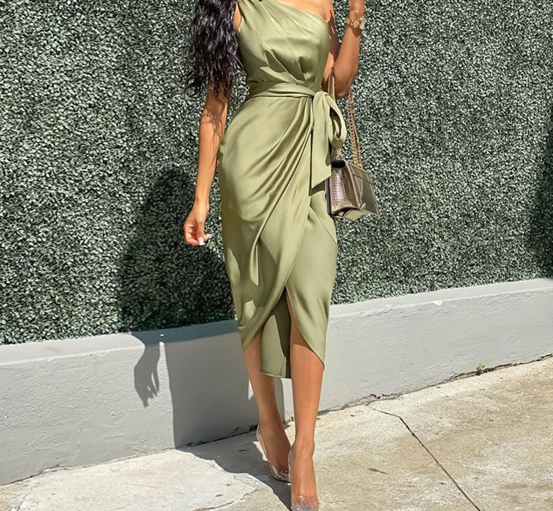 Green Satin One Shoulder Side Bow  Wrap Sleeveless Dress