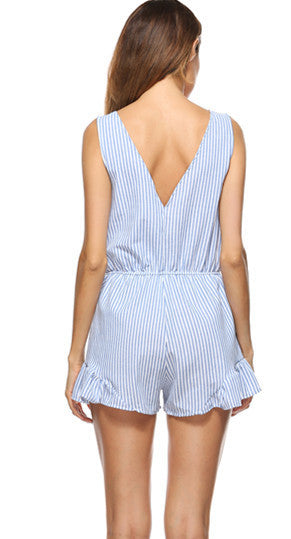 Plaid V-neck Bow Ruffle Shorts Jumpsuit