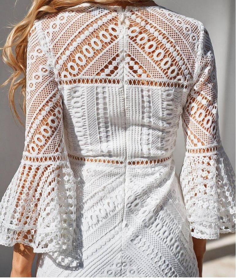 Lace Hollow Ruffle Long-sleeve Dress