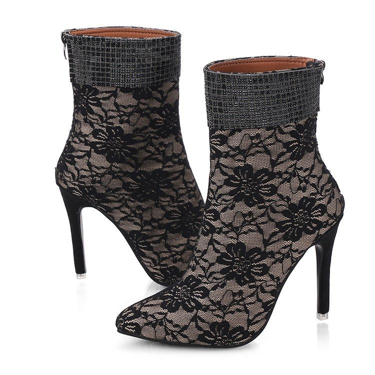 Lace mesh Sequin High Heel Short Boots