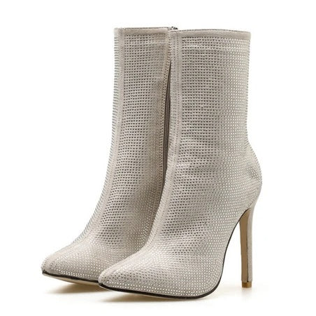 Rhinestone Pointed Toe High Heeled Boots