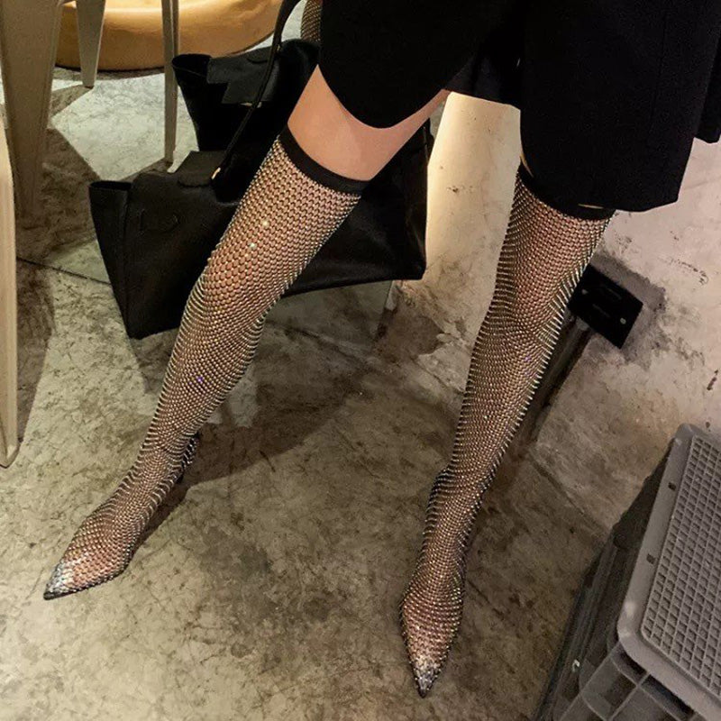 Mesh Rhinestone Hollow Pointed Toe Long High Heel Boots
