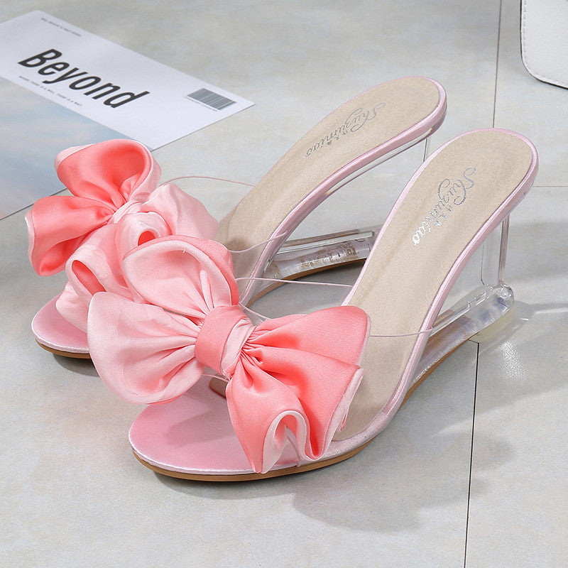 Large Bow Transparent Heel Wedge Sandals