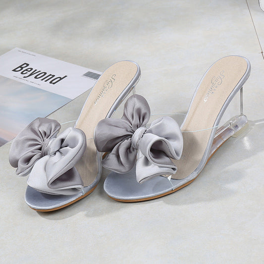 Large Bow Transparent Heel Wedge Sandals