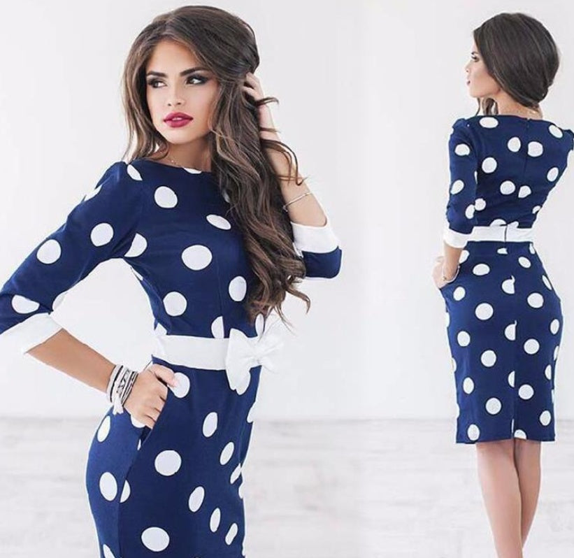 Polka Dot Bow Belt Slim Dress