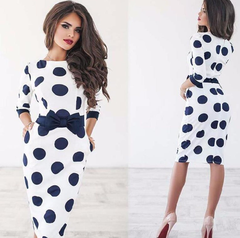 Polka Dot Bow Belt Slim Dress