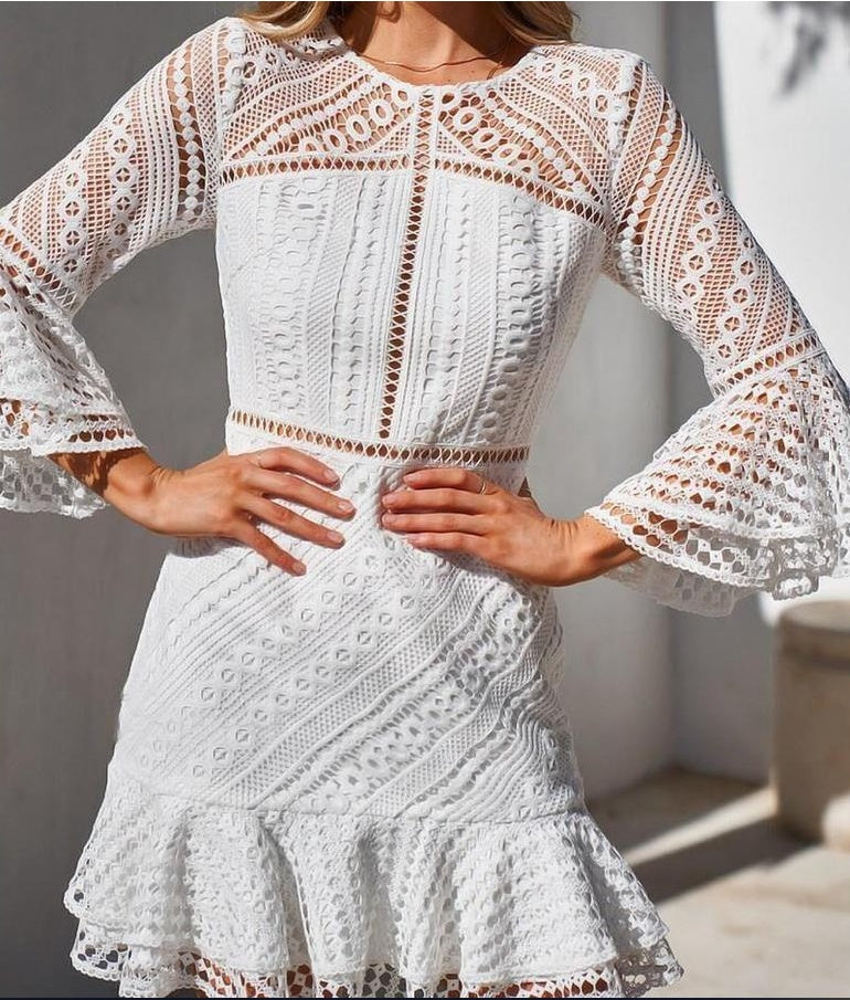Lace Hollow Ruffle Long-sleeve Dress