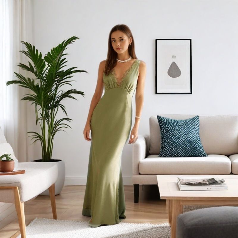 Deep V-neck Lace Backless Maxi Dress