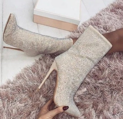 Rhinestone Pointed Toe High Heeled Boots