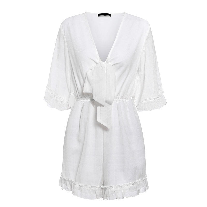 Bow Tie Hollow Lace-trim Shorts Jumpsuit