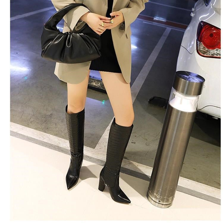 Snake Print Pointed Toe Thick High Heel Boots