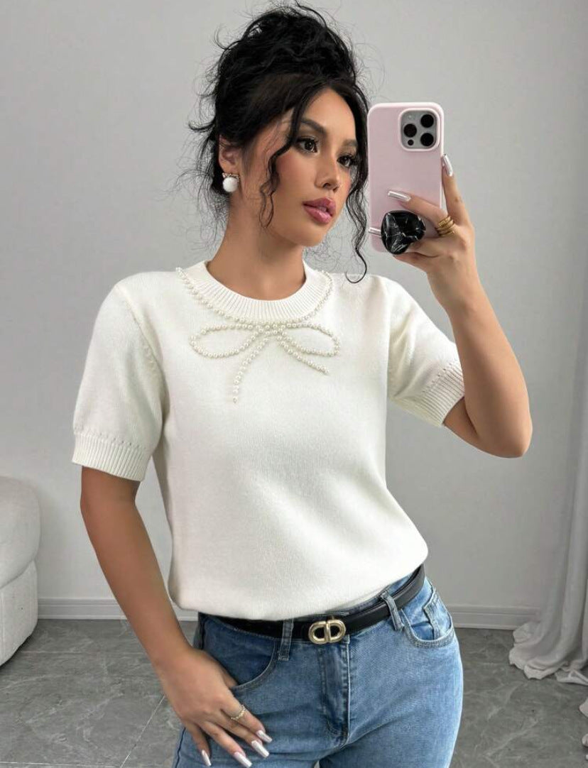 Rhinestone Bow Short Sleeve Slim Top