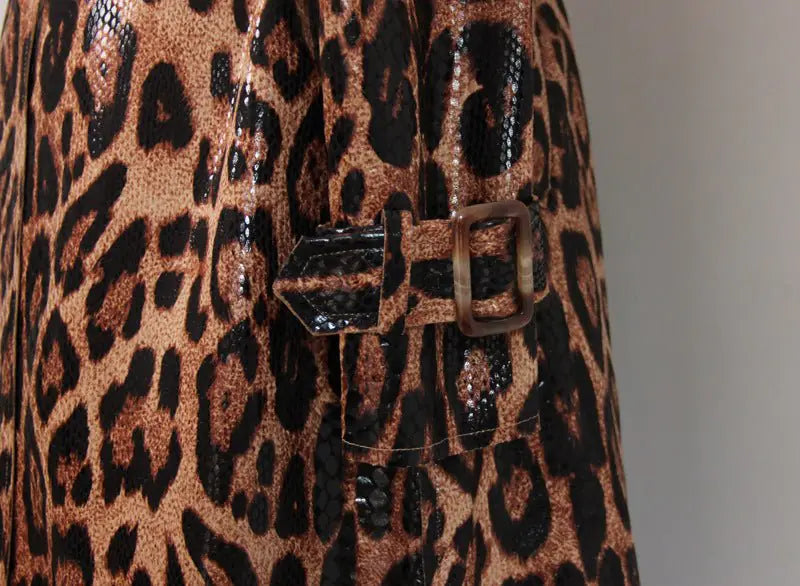 Leopard Print PU Leather Trench Coat