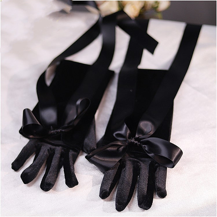 French Retro Pearl Bow Long Black Gloves