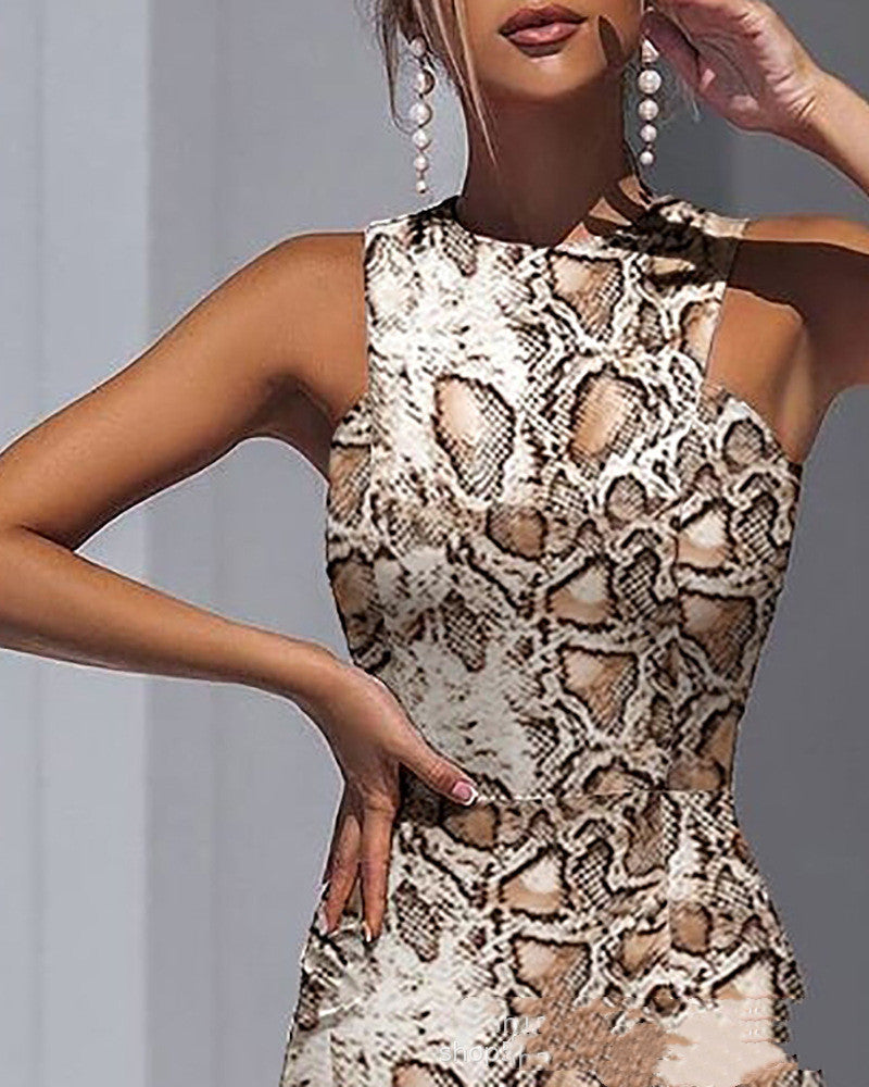 Snake Print Back-slit Sleeveless Dress