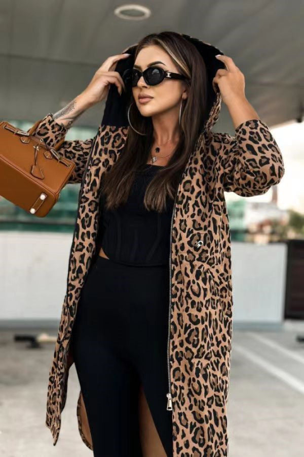 Trench Animal Print Hooded Long-sleeved Coat