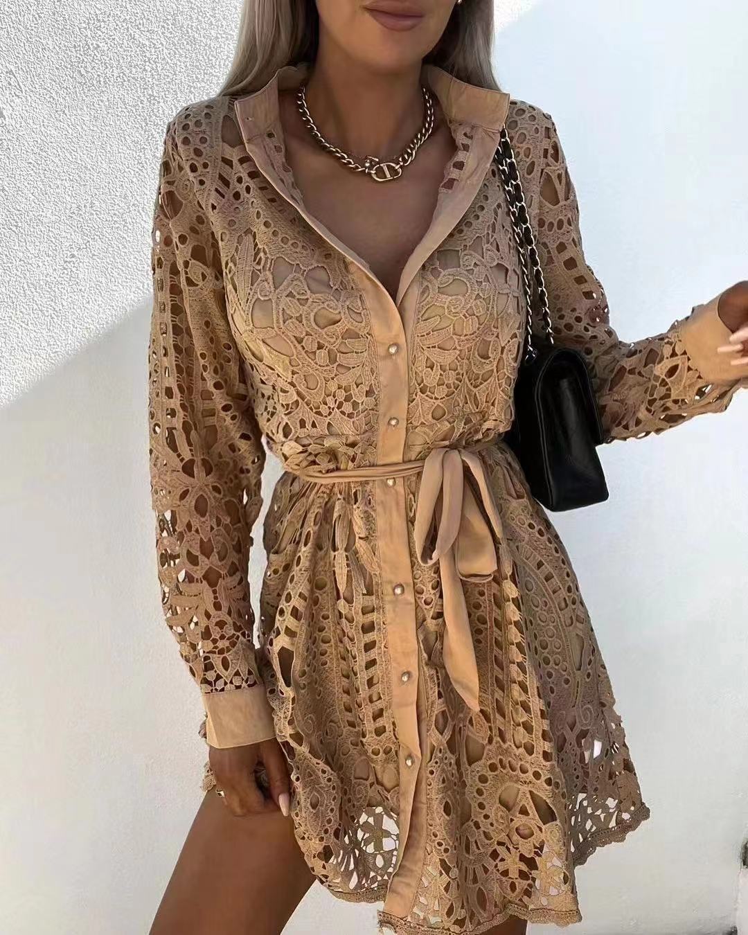 Lace Belted Long-sleeve Mini Dress
